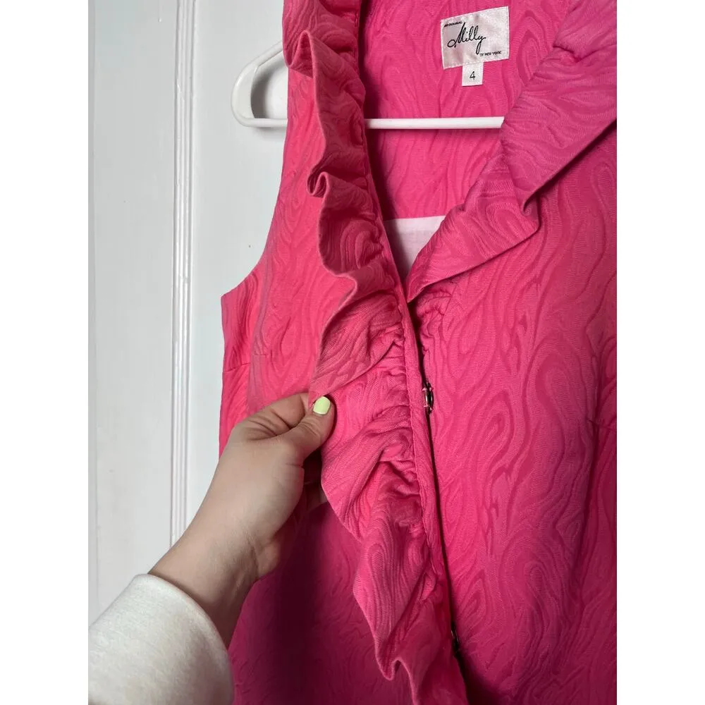 Milly Women's Preppy Pink Jacquard Ruffle Sleeveless Shift Short Dress Size 4 - Image 4