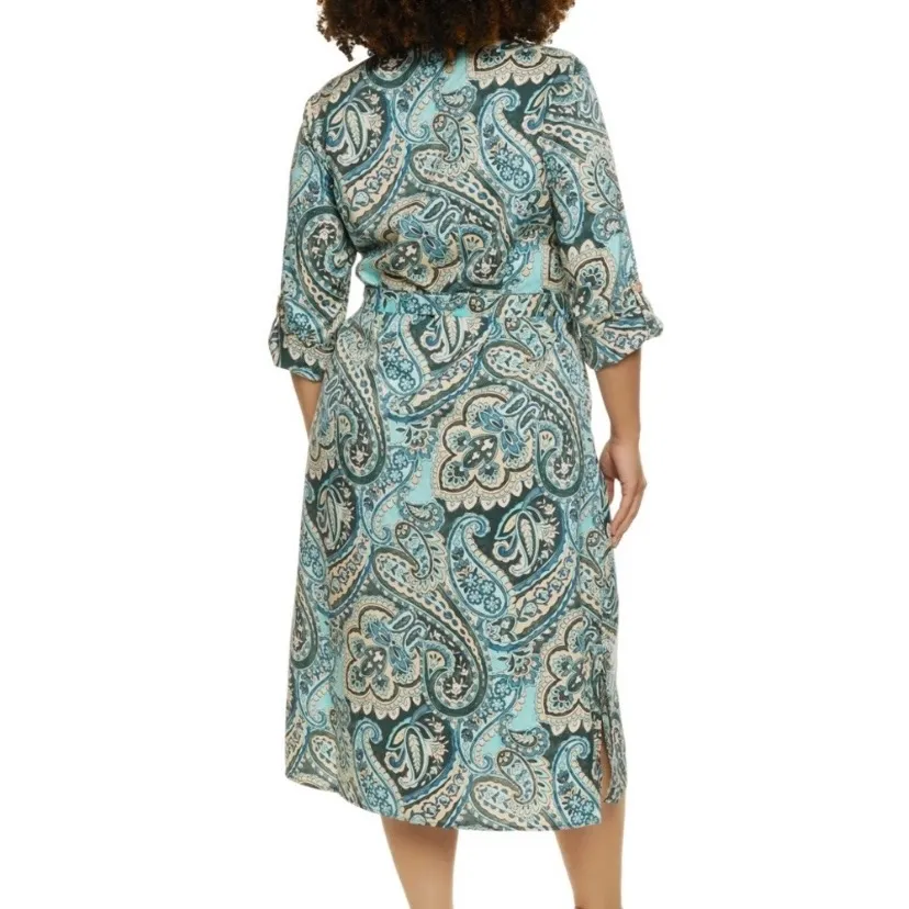 Mlle Gabrielle Paisley Aqua Teal/Tan Shirtdress W/ Tie Belt‎ - S EUC - Image 2