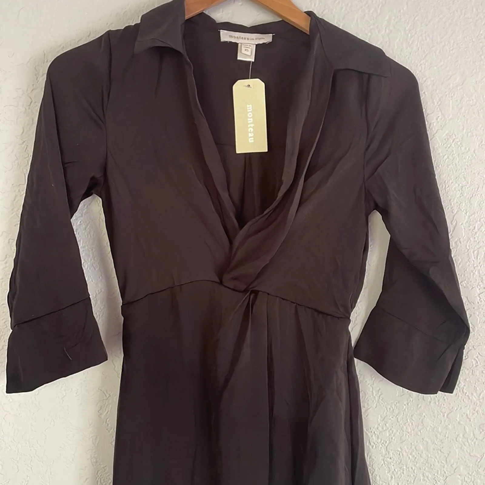NEW Monteau Silky Black Dress Surplice Shirt Dress Office School Minimalist LBD - Image 2
