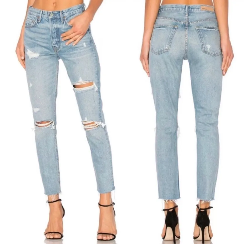 GRLFRND Karolina High Waisted Distressed Frayed Raw Hem Mid Wash Jeans Sz 26 🧡🎀 - Image 4