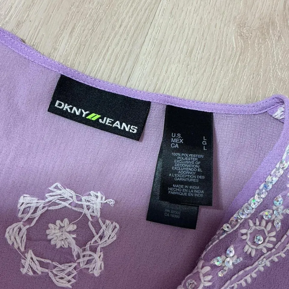 DKNY Jeans Embellished Lavender Floral Button Up 3/4 Sleeve Sheer‎ Top - Image 4