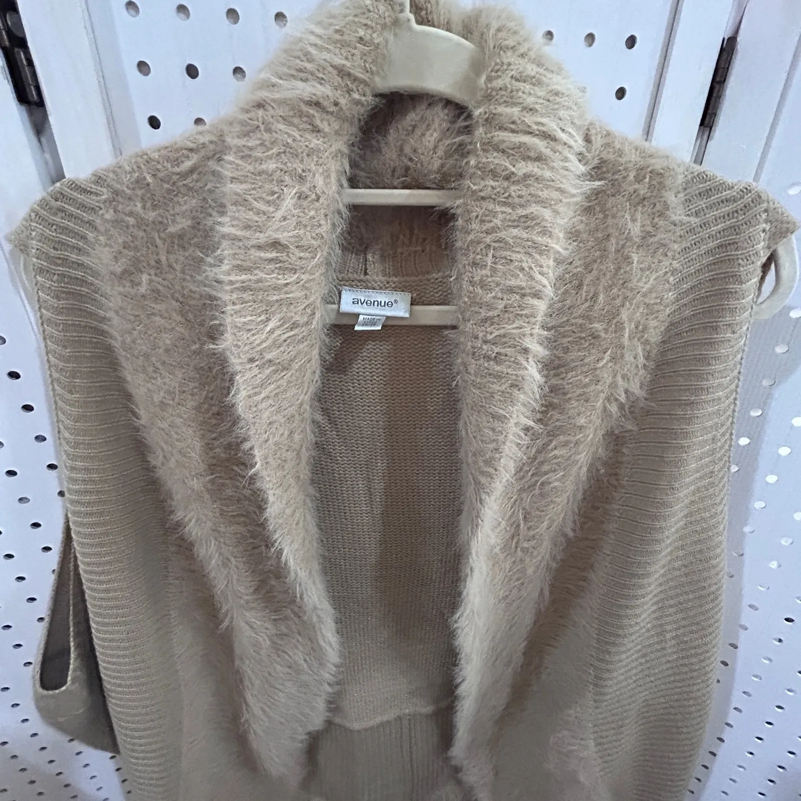 Avenue Fuzzy Knit Vest Cardigan Tan Open Front Waterfall Collar Sleeveless - Image 3