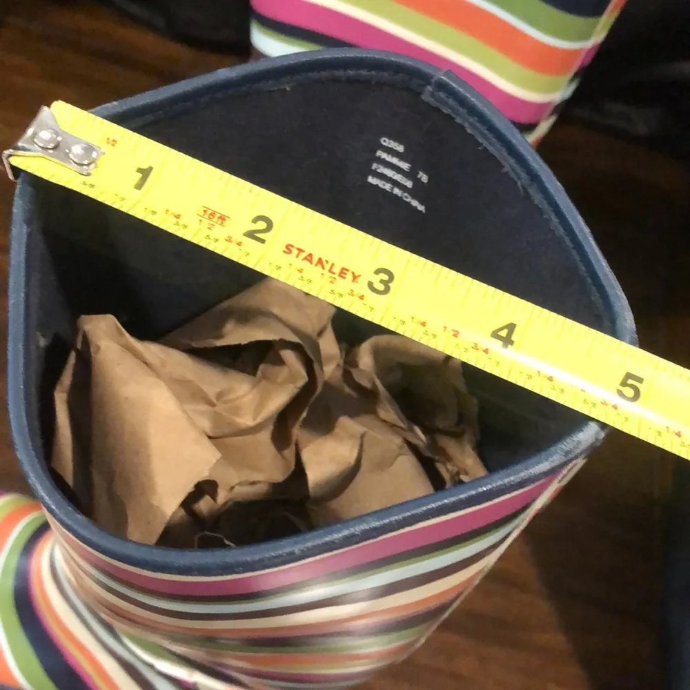 COACH Multi Striped Pull On Mid Calf Rain Boots with Low Heel and Navy Lining - Image 11