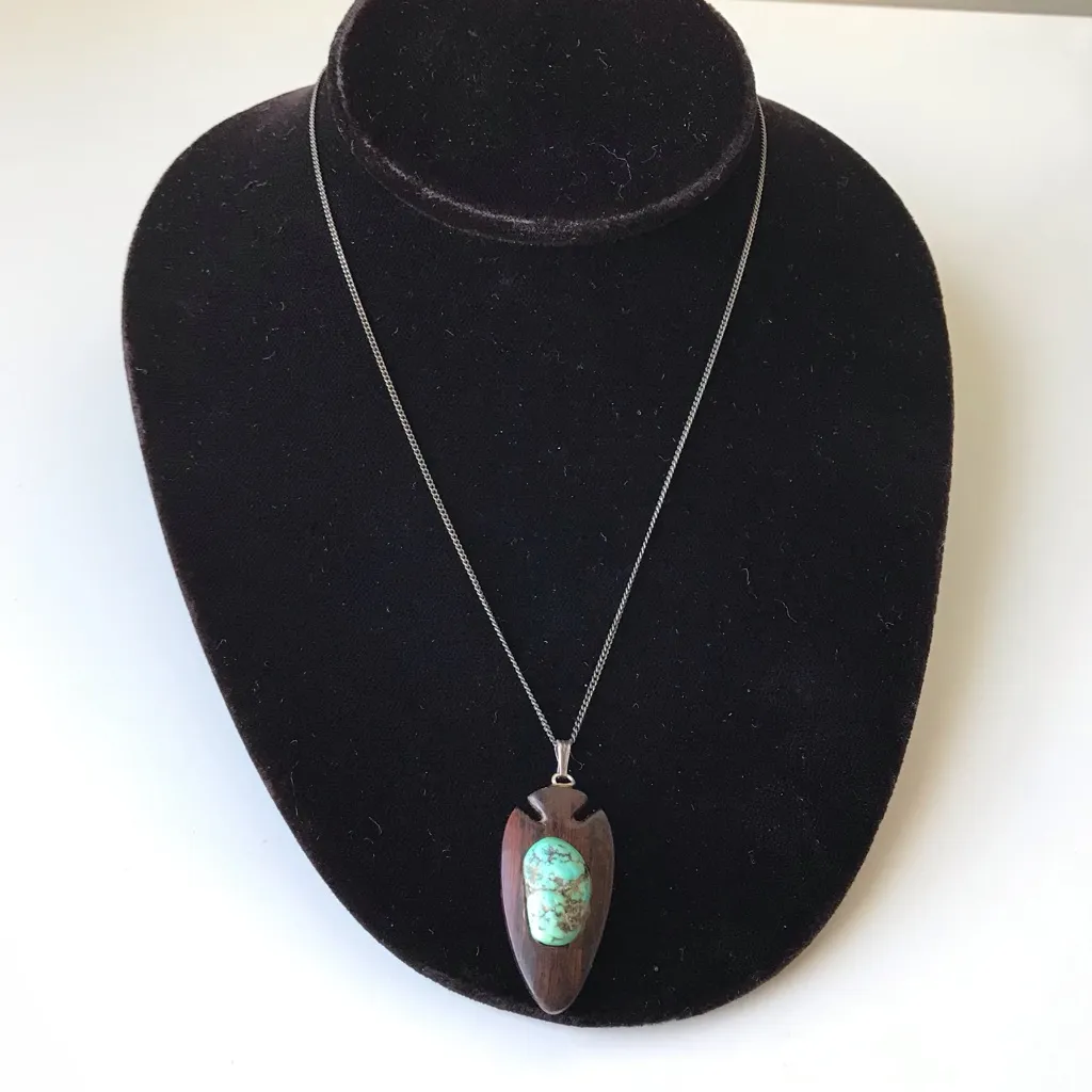 Turquoise Arrowhead Wood Pendant On Sterling Silver Chain Vintage - Image 2
