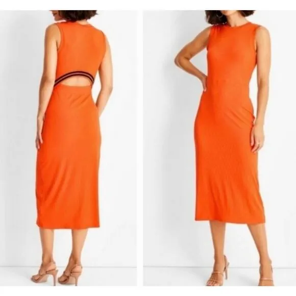NWT Future Collective Kahlana Barfield Brown ribbed open back dress S Orange - Image 2