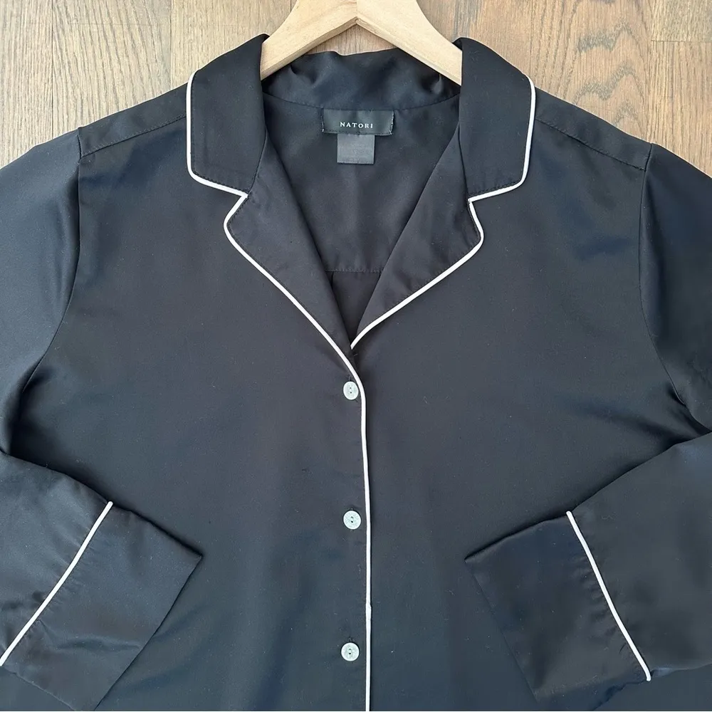 Natori Womens Charm Essentials Solid Button Down Sleepshirt Black & White Small - Image 2