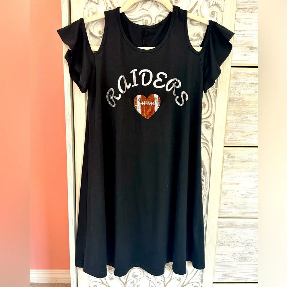 Raiders oversized cold shoulder cutout ruffle rhinestone flowy top/dress LG - Image 3