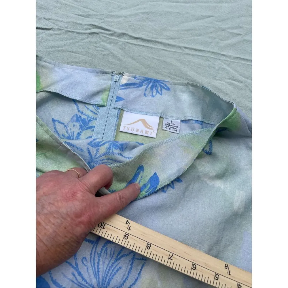 Tsunami size 8 silk linen tropical print skirt. Beach resort cruise ship. Blue - Image 6
