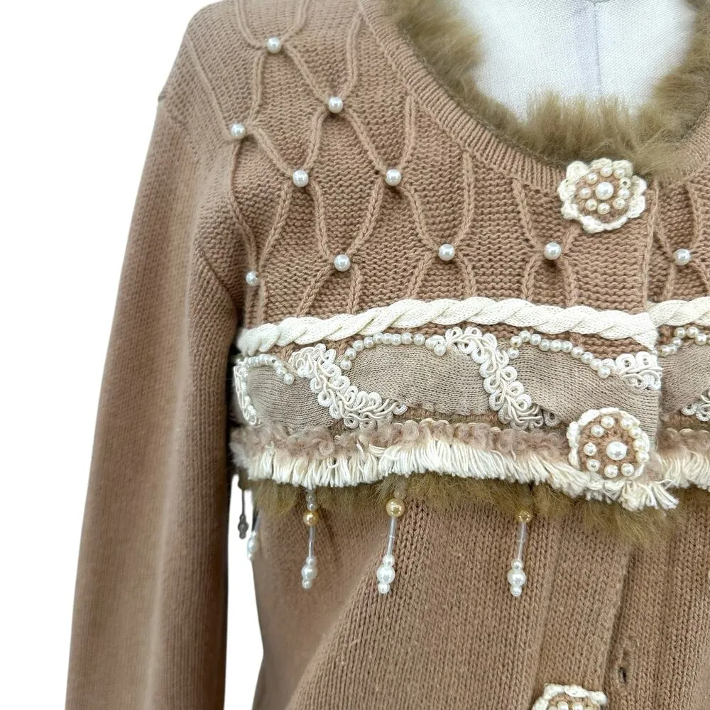 Storybook Knits Pearl Beaded Fur Trimmed Cardigan Sweater‎ Tan Camel Size Small - Image 3