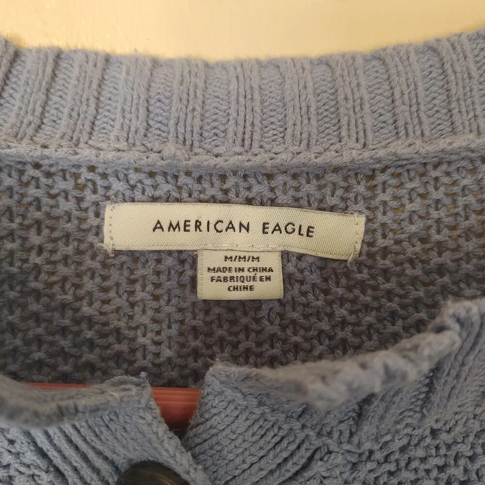American Eagle Size Medium M Blue Long Sleeve Sweater Button Neck Waffle Knit - Image 7