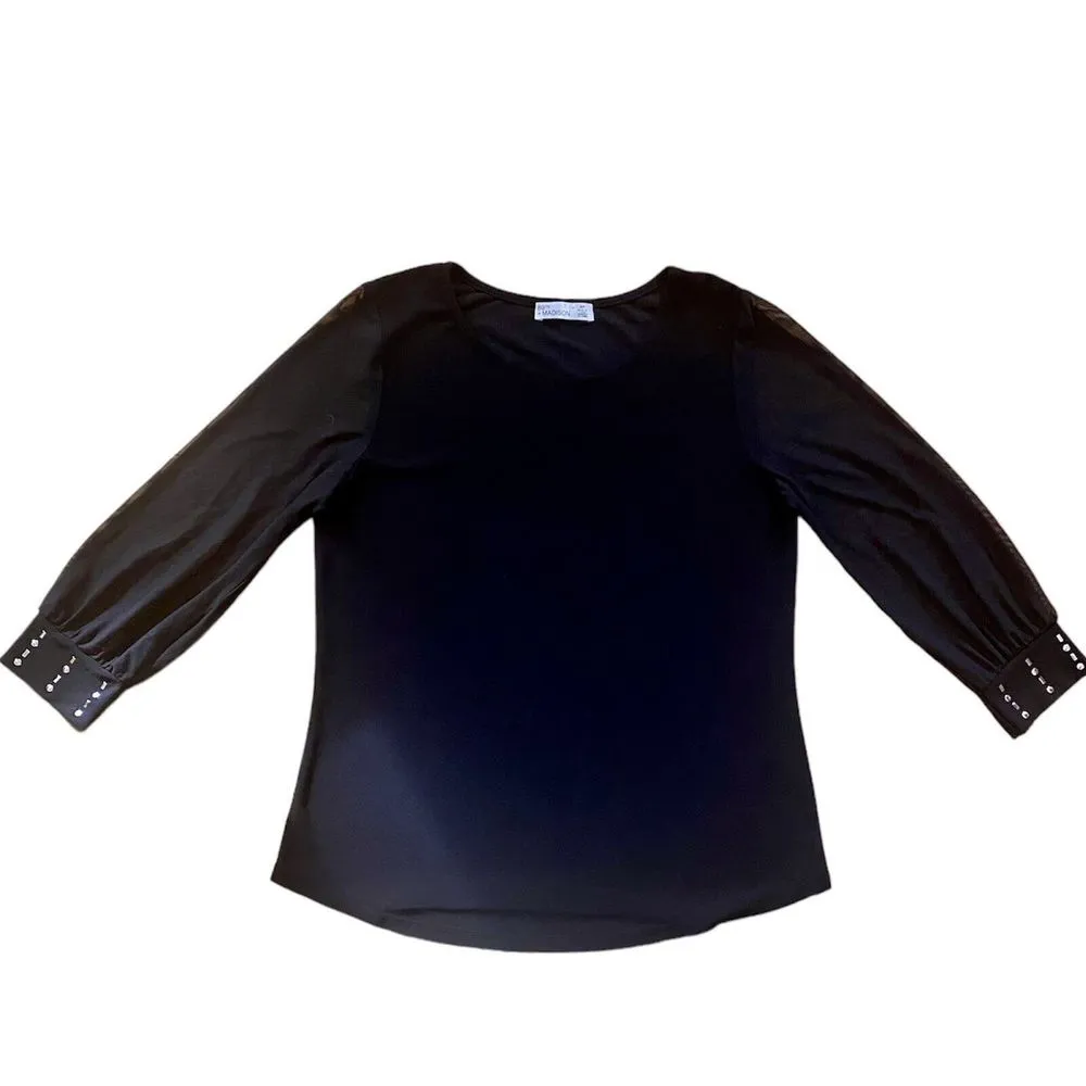 89th and Madison Women's Black Top Small Petite Sheer 3/4 Sleeves Blouse Tunic - Image 2