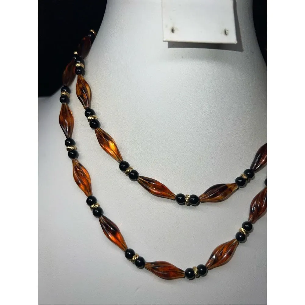 Vintage Monet Faux Amber and Black Plastic Bead Barrel Closure Necklace 36” - Image 2
