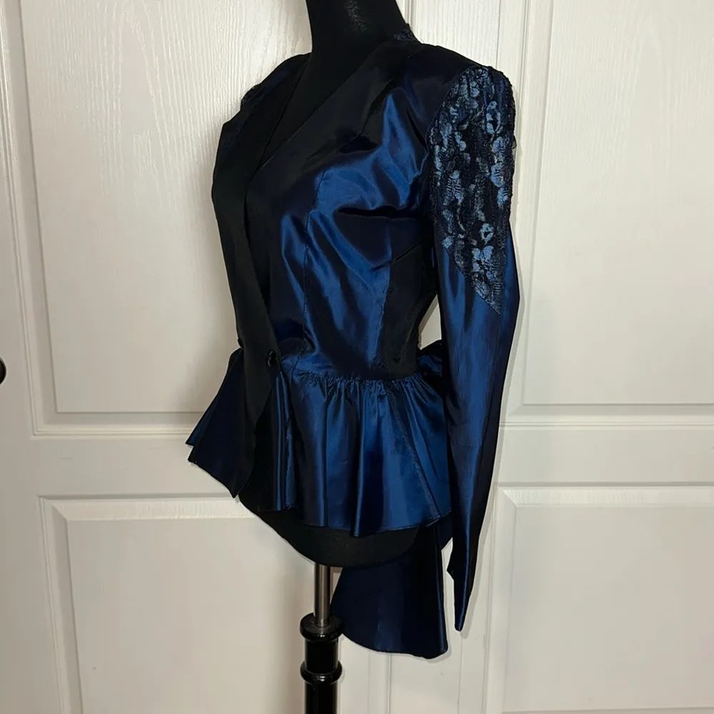 80s VTG BLUE Iridescent STRUCTURED PEPLUM BLAZER WITH TRAIN BRIDAL Size M - Image 2