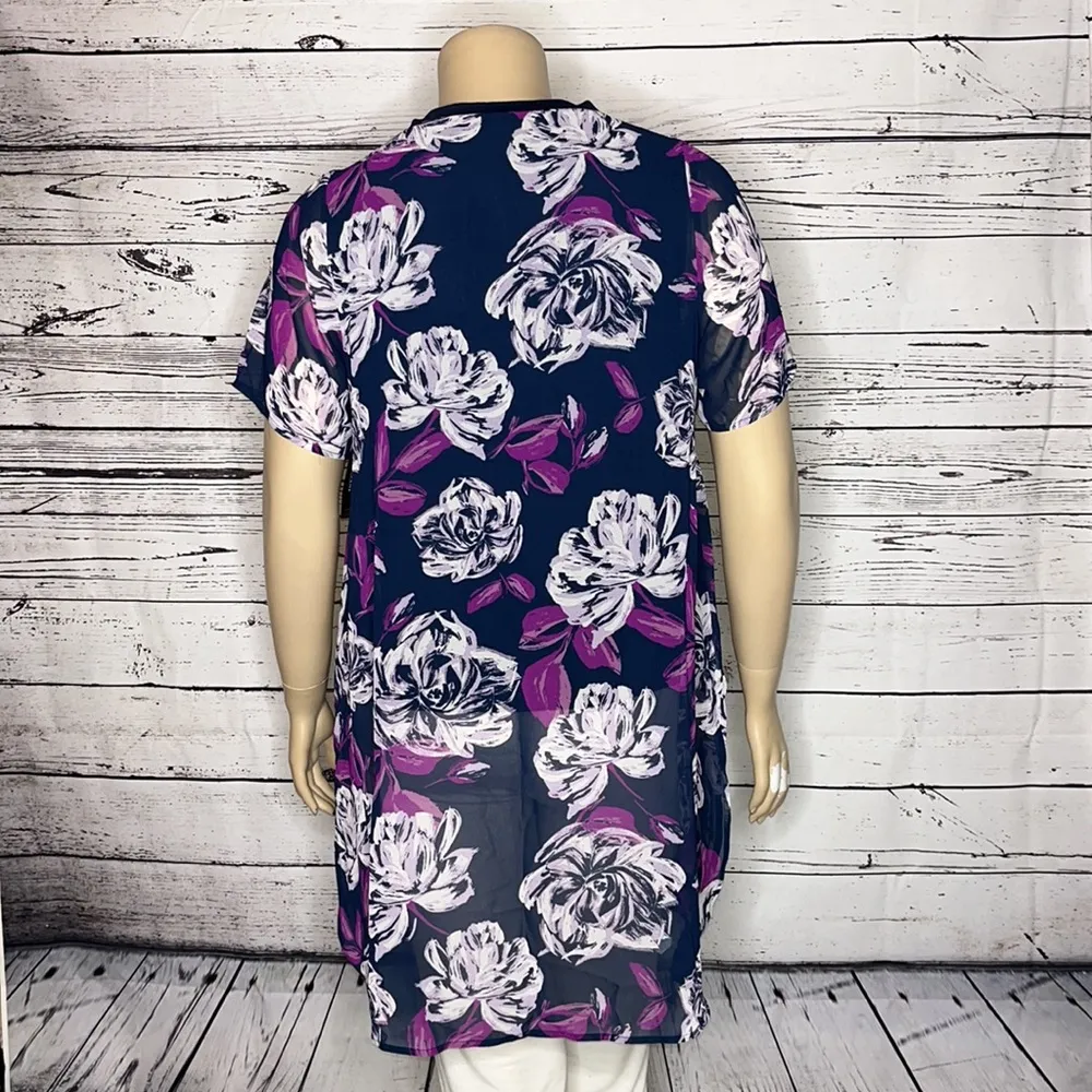 Alfani Woman NWT 0X Navy - Purple Floral Print Chiffon Overlay Tunic Blouse Top - Image 4