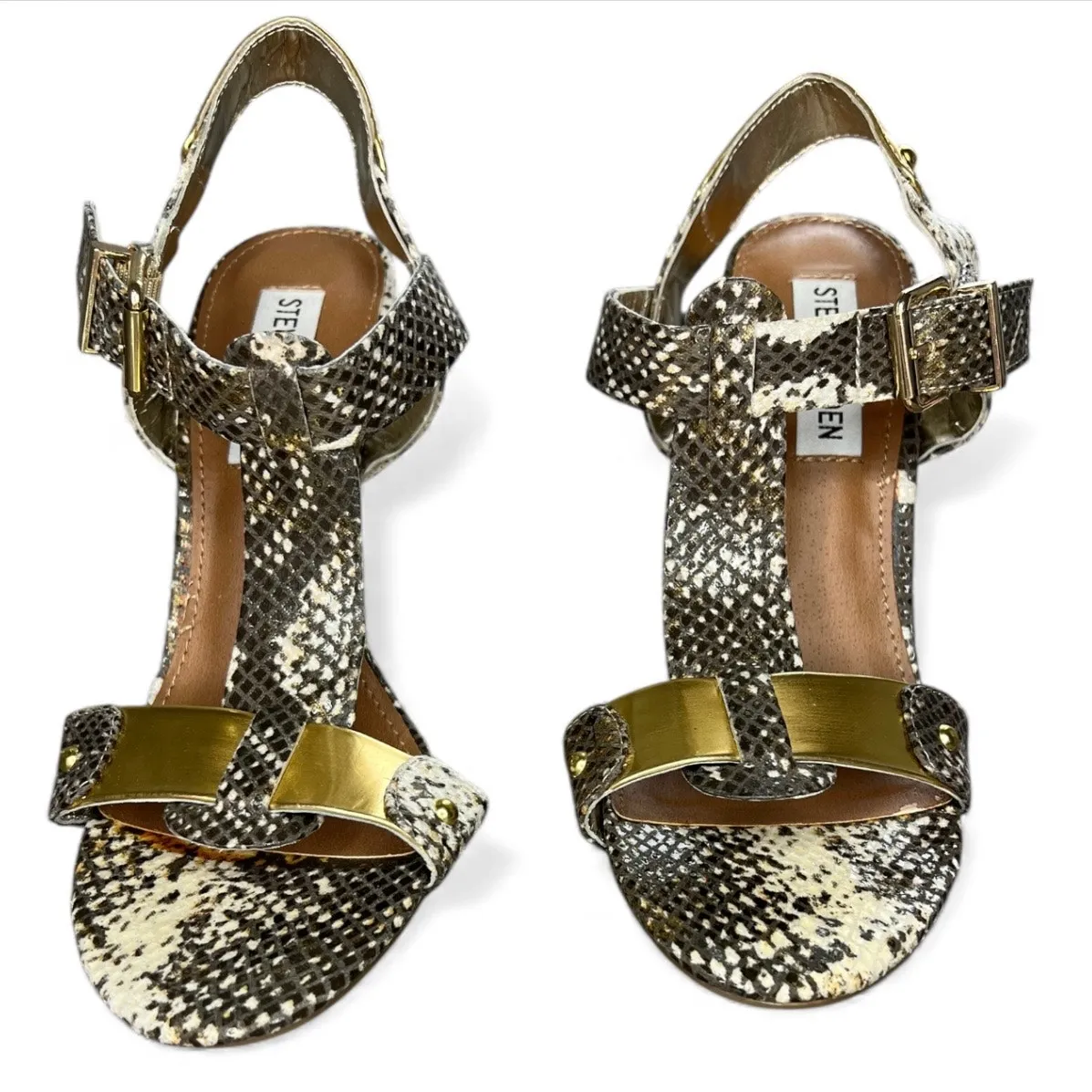 Steve Madden Reya Natural Snake and Gold T-Strap Dress Sandals baddie sexy - Image 3