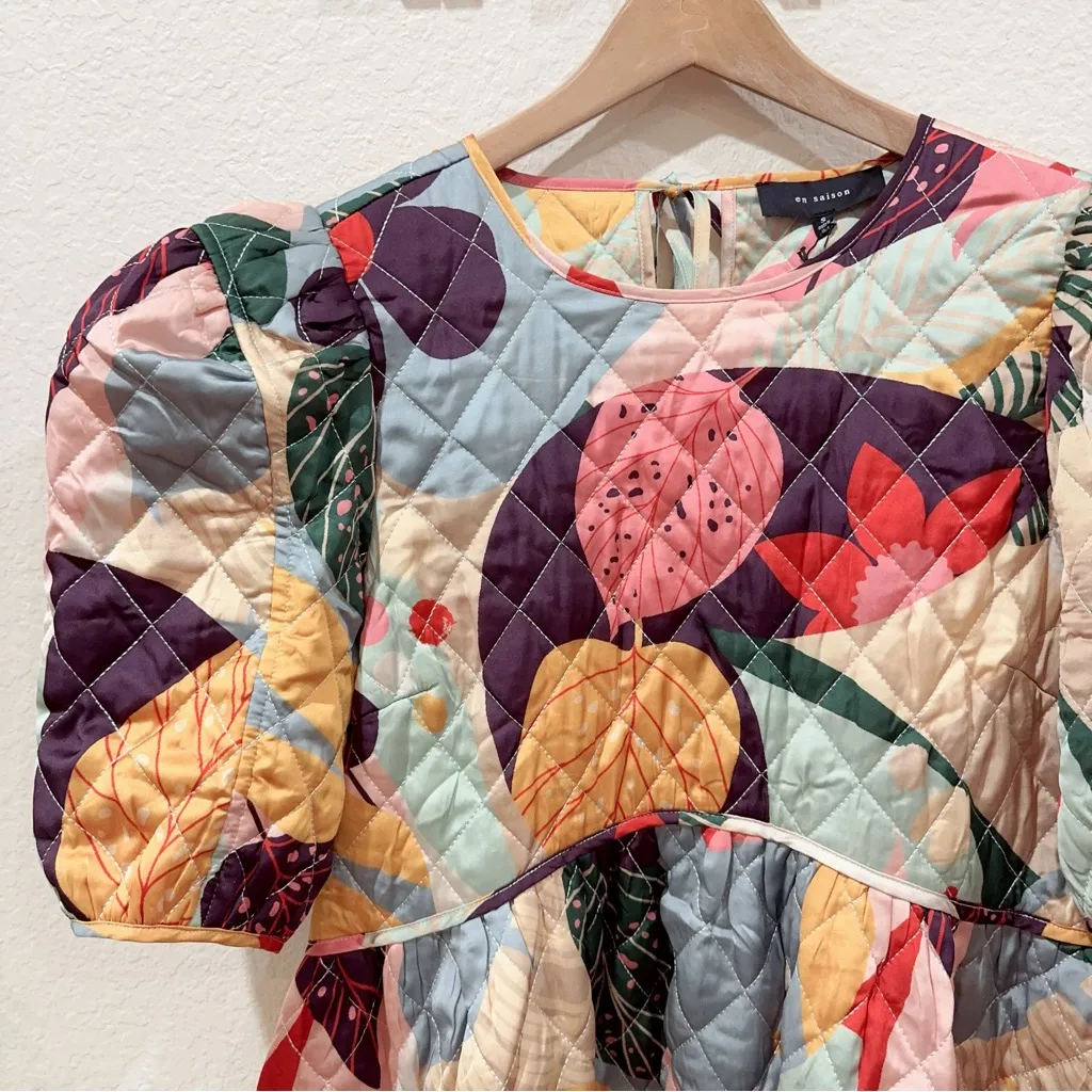 En Saison Floral Quilted Puff Sleeve Baby Doll Mini Dress Size Small NWT Blue - Image 3