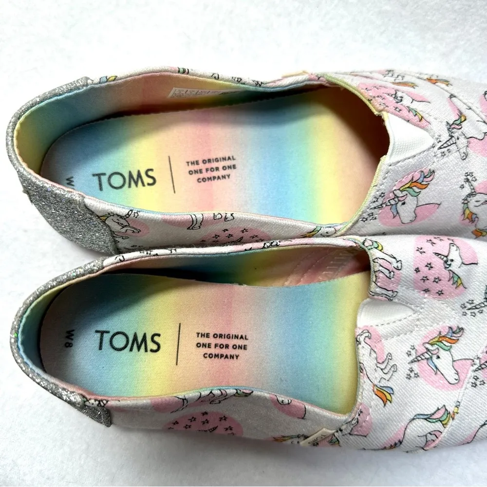 Toms Slip On Shoes 8 Unicorns Rainbows Pink Print Pastel Silver Shimmer Women - Image 8