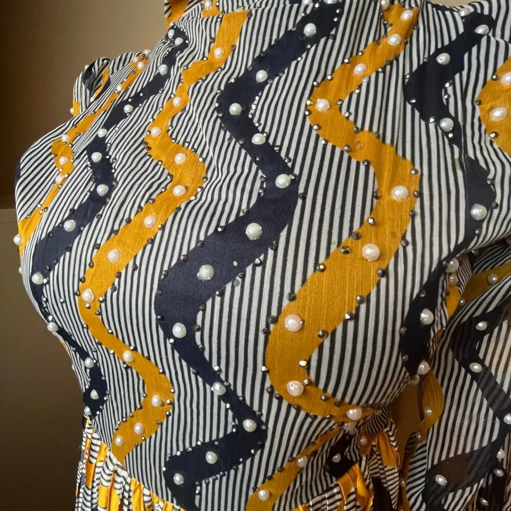 VTG 70’S Maxi Dress Long Sleeve Pleated Yellow Gold Blue Pearls Formal XS Bow - Image 3