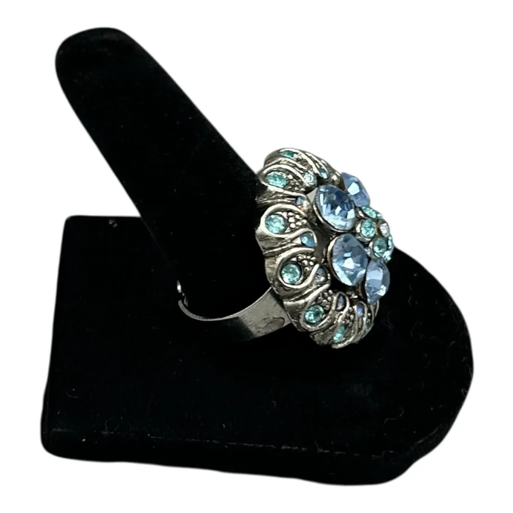Blue Rhinestone Statement Ring Adjustable Silver Tone Cocktail Style - Image 3