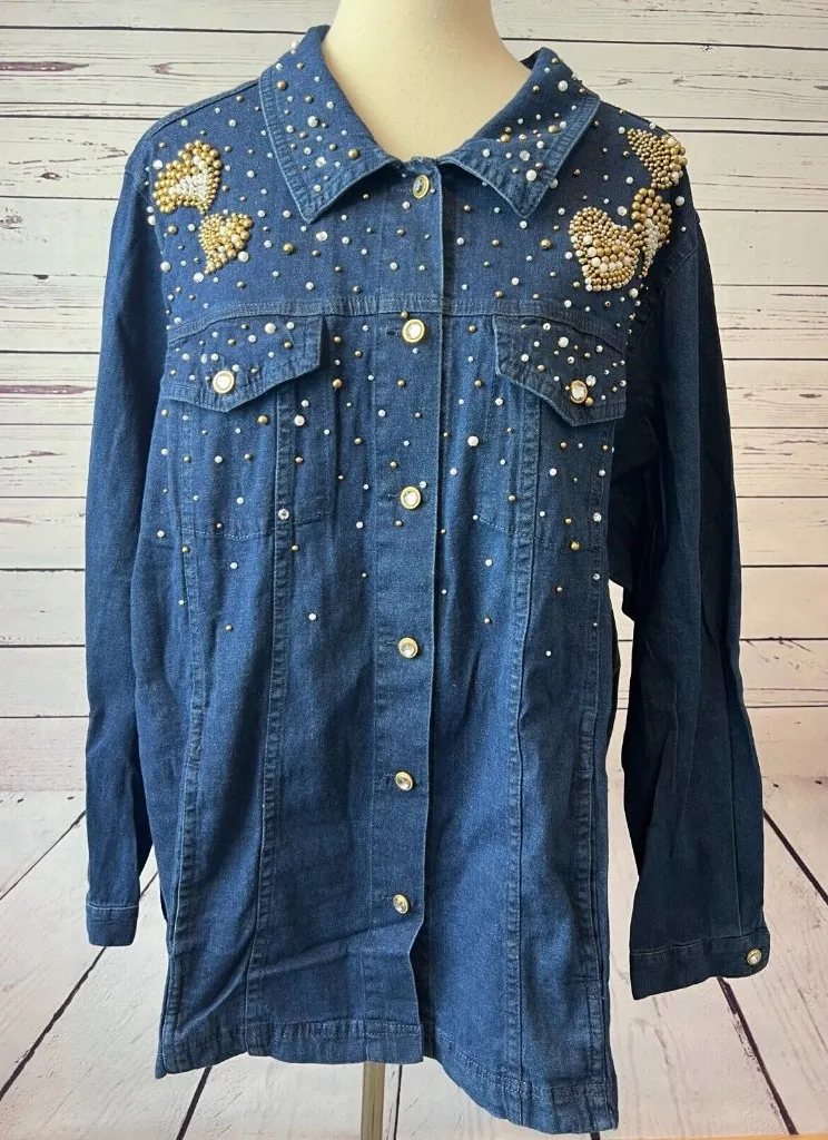 Quacker Factory Denim Trucker Jacket Plus size 1X Jean coat NWT Full Zip Studded - Image 1