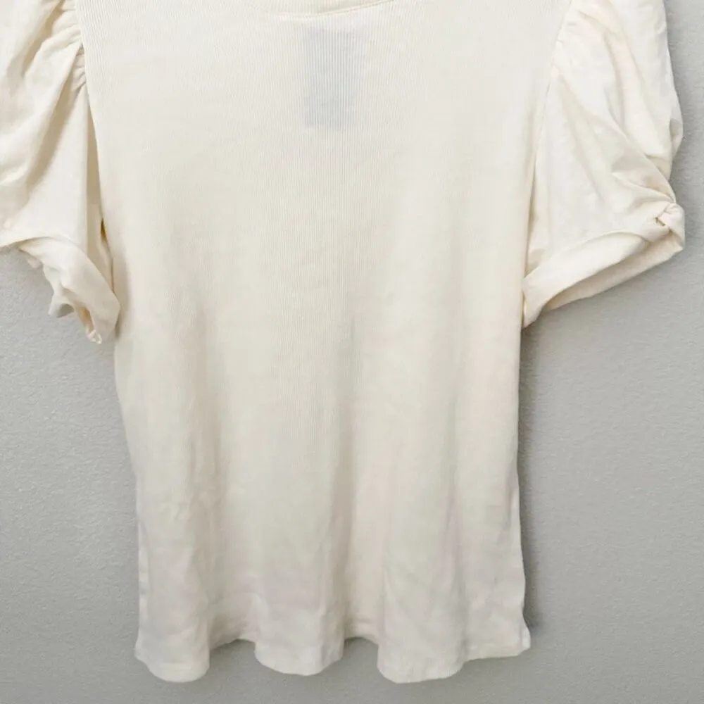 VINCE CAMUTO | Ribbed Texture Knit Gathered Short Puff Sleeve Blouse Ivory | XL - Image 4