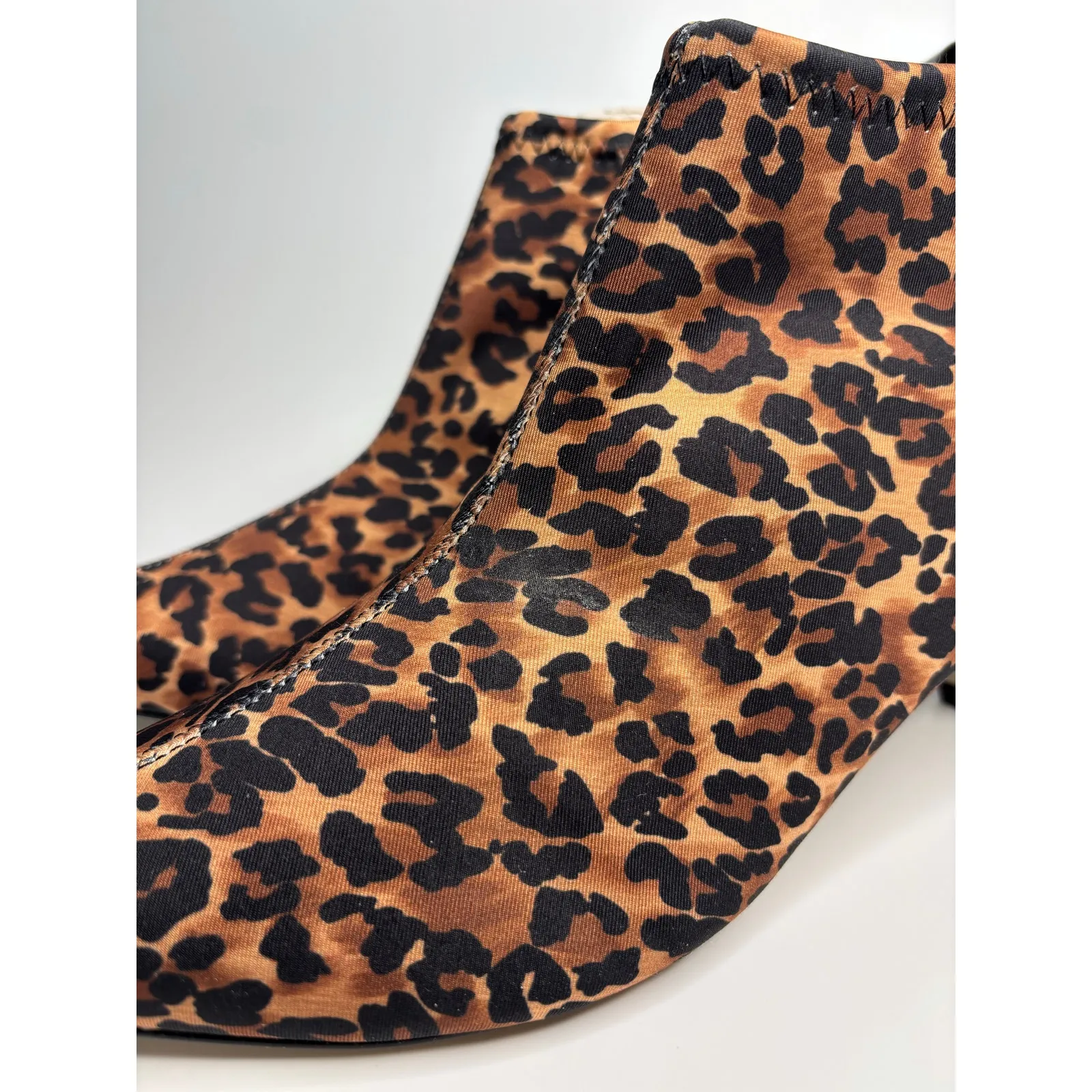 Walking Cradles Billie Heeled Booties in Leopard Stretch Fabric/Black Leather Brown Size 7.5 - Image 9