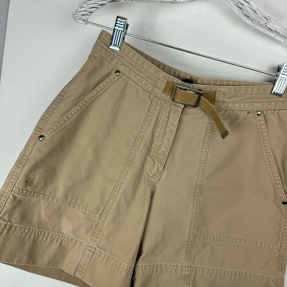 Y2K Lauren Ralph Lauren Utility Shorts Sz 2 Tan Belted Cotton Cargo Safari L - Image 4