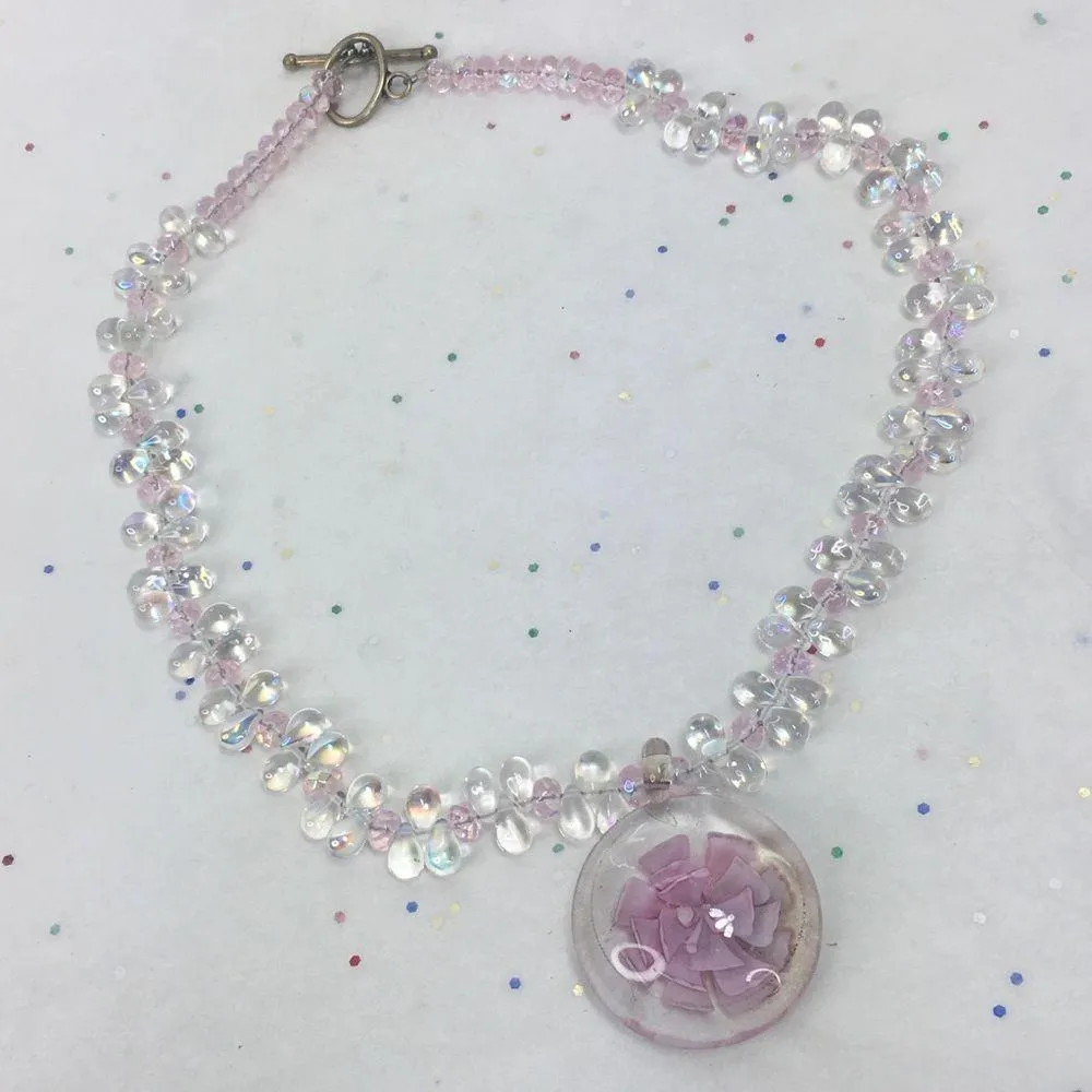 Artisan Hand blown Pendant clear glass pink flower crystal beaded necklace 18" - Image 3
