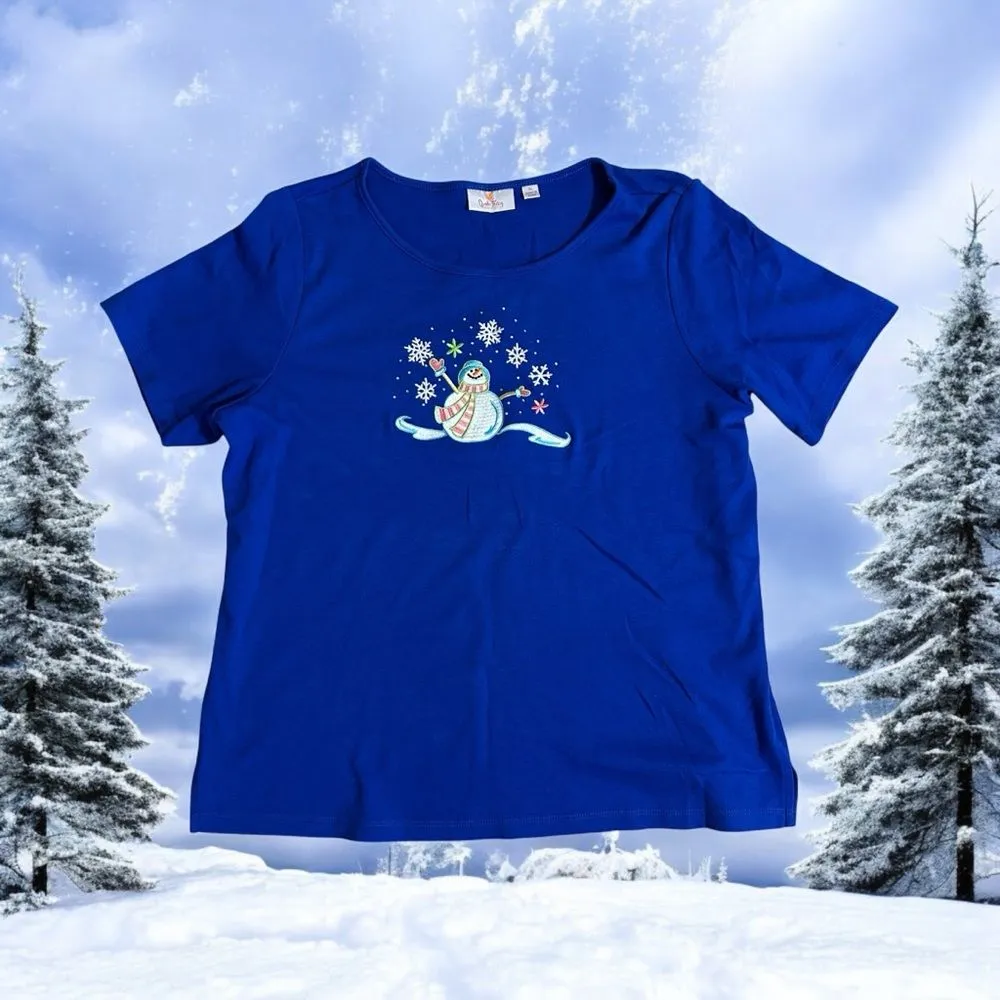 Quacker Factory Royal Blue X-Large Snowman Short Sleeve Knit T-Shirt Embellished - Image 11