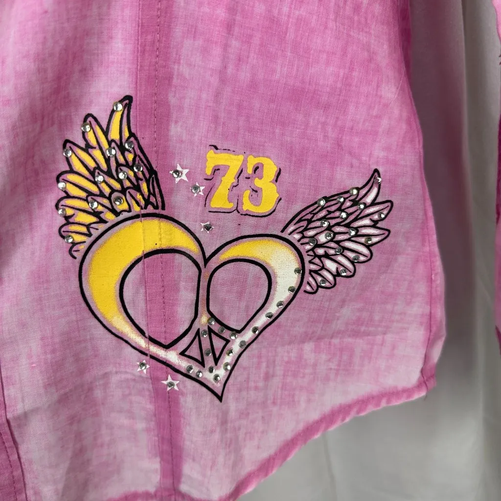 Sinful Womens Pink Long-Sleeve Button-Up Shirt Graphic Design Size Small - Image 2