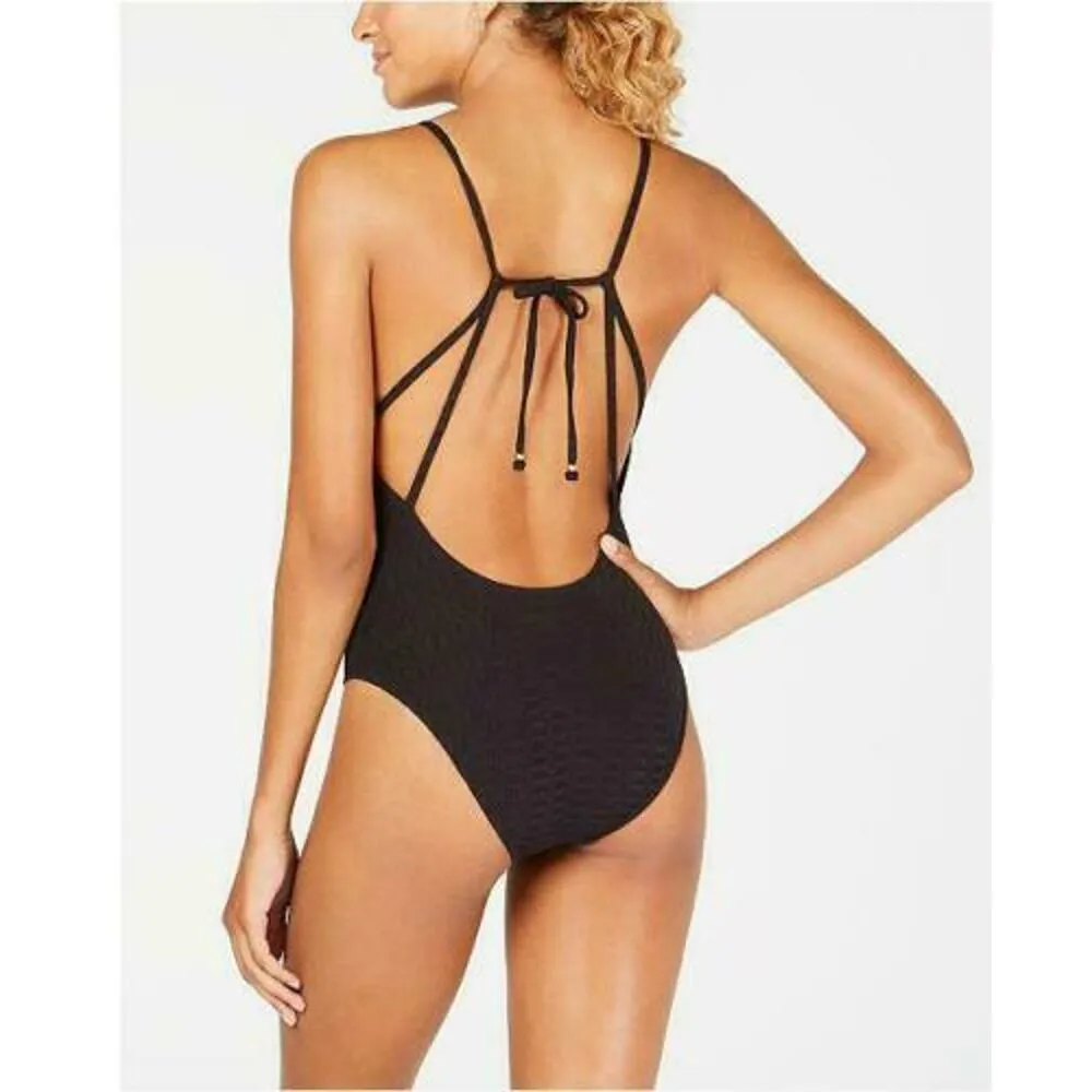 Lucky Brand Black Plunging Strappy Back One Piece Swimsuit XS Shoreline Chic New - Image 2