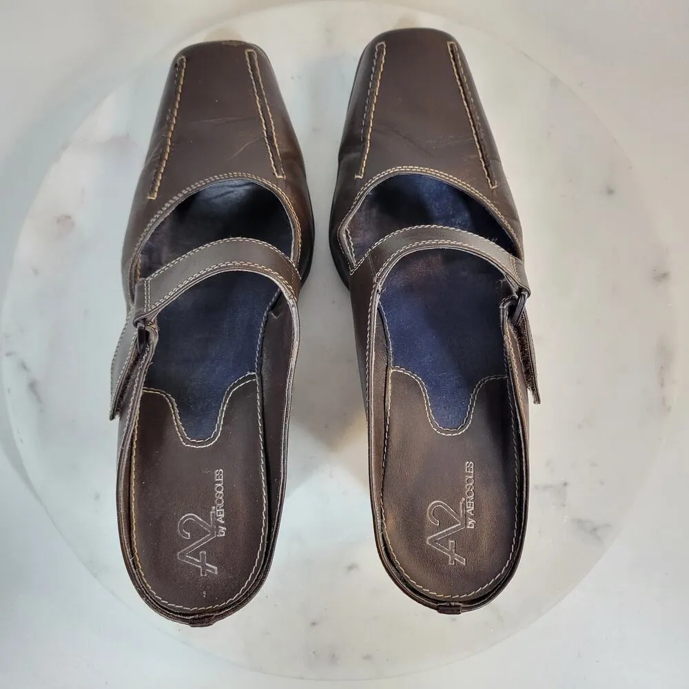 Aerosoles Two Beauty Womens 9.5 Brown Leather Mary Jane Square Toe Open Back - Image 6