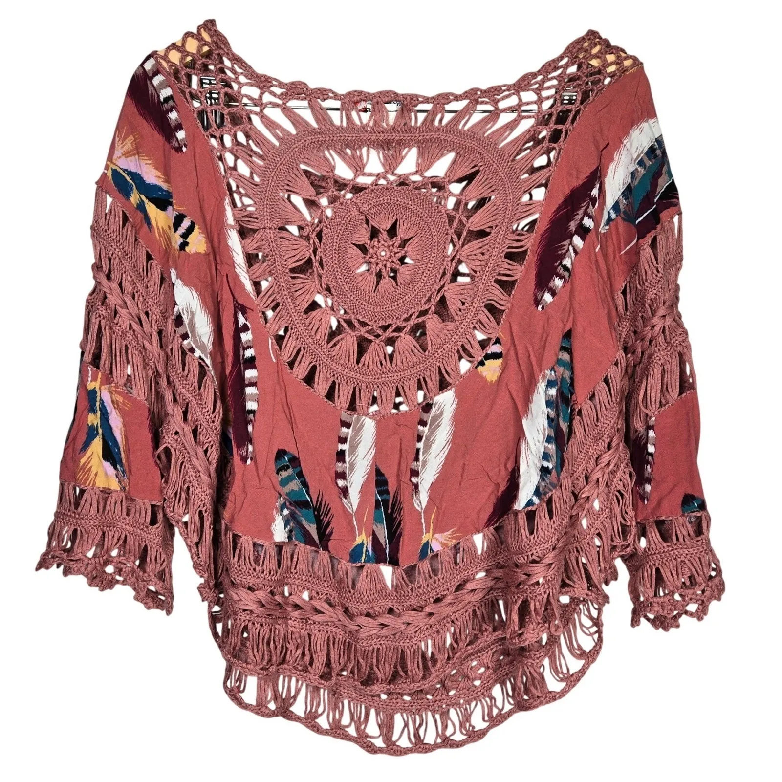 Vivid Importers Boho Feather Crochet Fringe Tunic Top Blouse Rose S Pink - Image 3