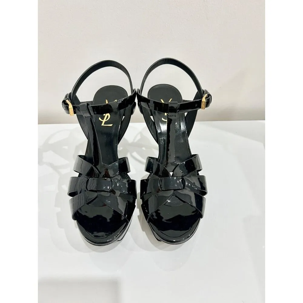 Yves Saint Laurent Tribute Patent Leather Ankle Strap Platform Sandals Black 37 - Image 5