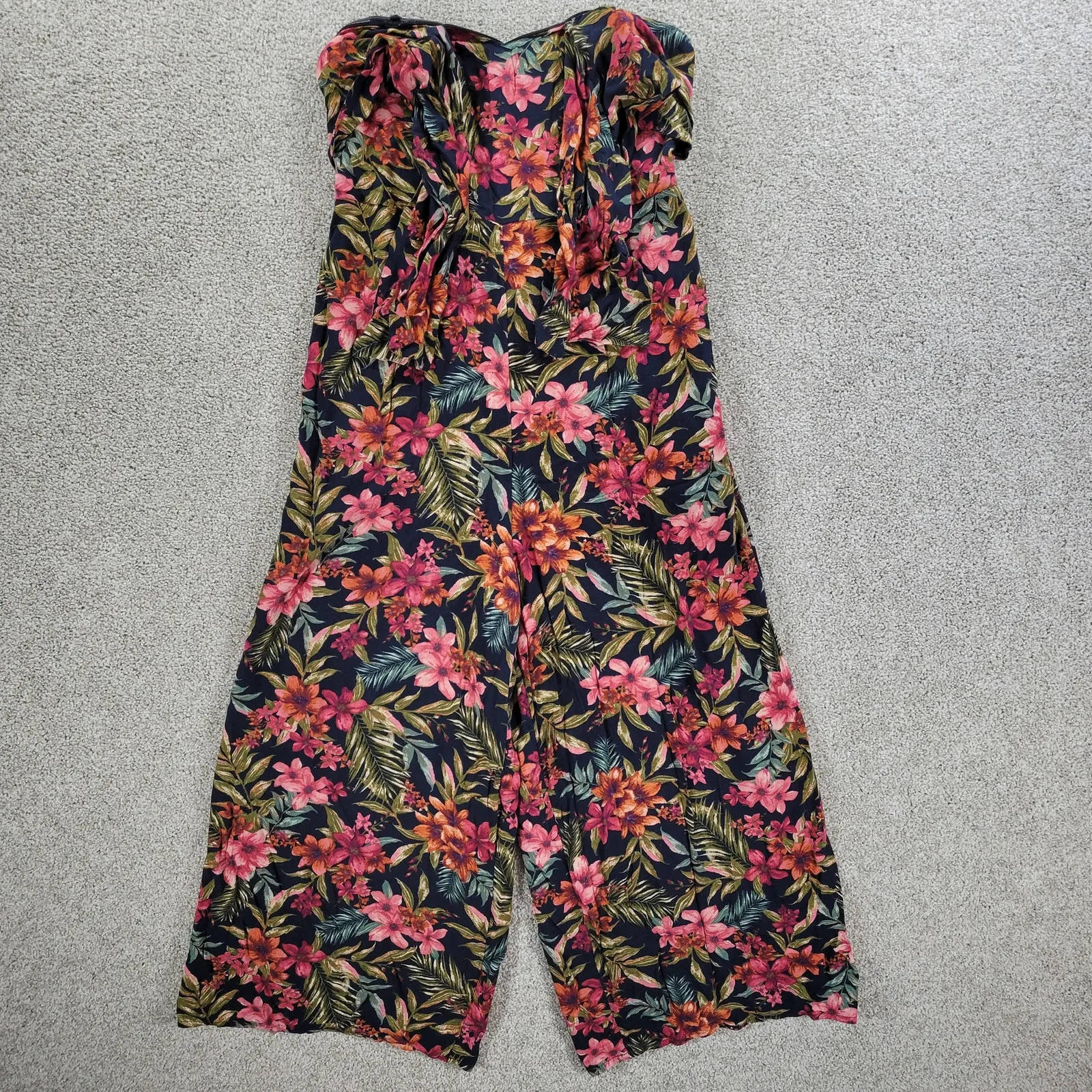 American‎ Eagle Strapless Jumpsuit Womens Med Tie Front Tropical Floral Wide Leg Black - Image 5