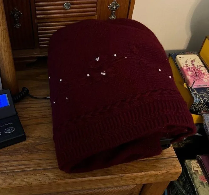 VTG Cardigan Sweater Maroon floral tonal embroidery Pearl bead details Grannycor Size undefined - Image 11