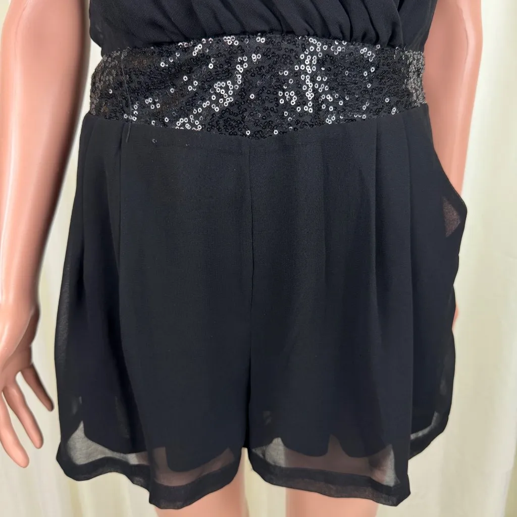 Women's TCEC Sequins Accent Ruched Shirred Chiffon Romper Size Medium Black - Image 11