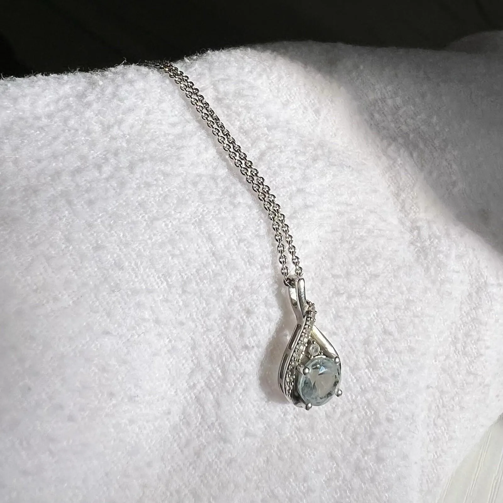 Aquamarine White Sapphire Twisted Teardrop Pendant Sterling Silver Necklace - Image 3