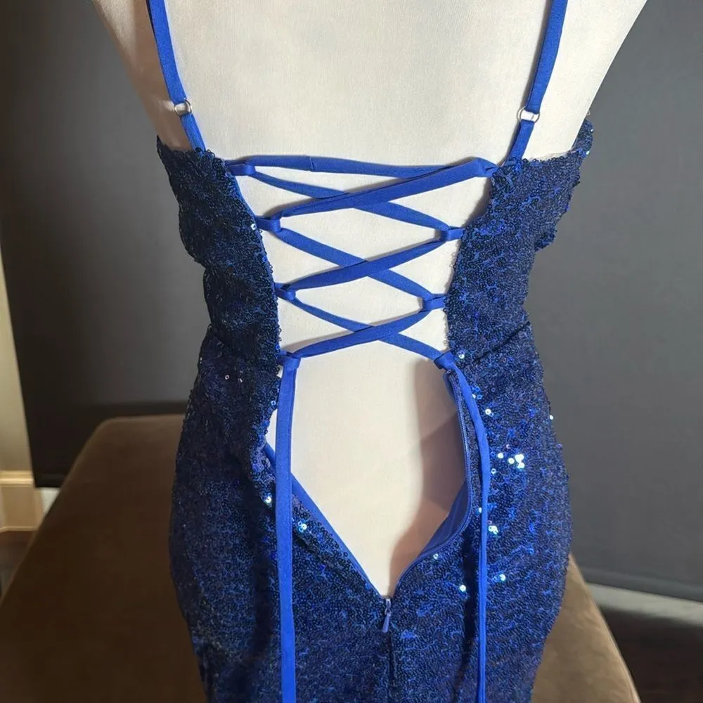 Women’s Blue Sequined Short Prom Party Homecoming Dress Ruffle Hem Size 2 NEW - Image 7