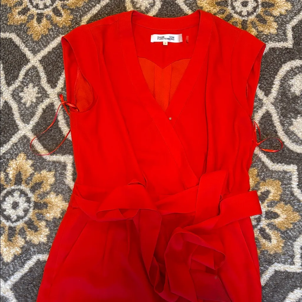 Diane von Furstenberg DVF Purdy Red Crepe Tie-Waist Jumpsuit - Image 4