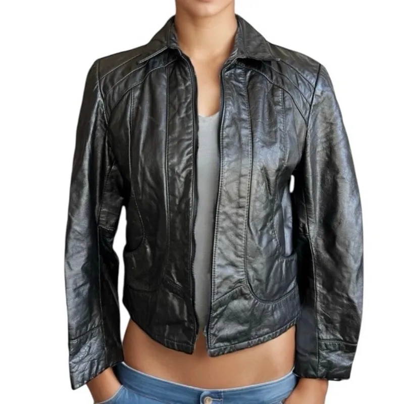 Vintage Black Leather Motorcycle Jacket motto jacket biker classic winter Size M - Image 2