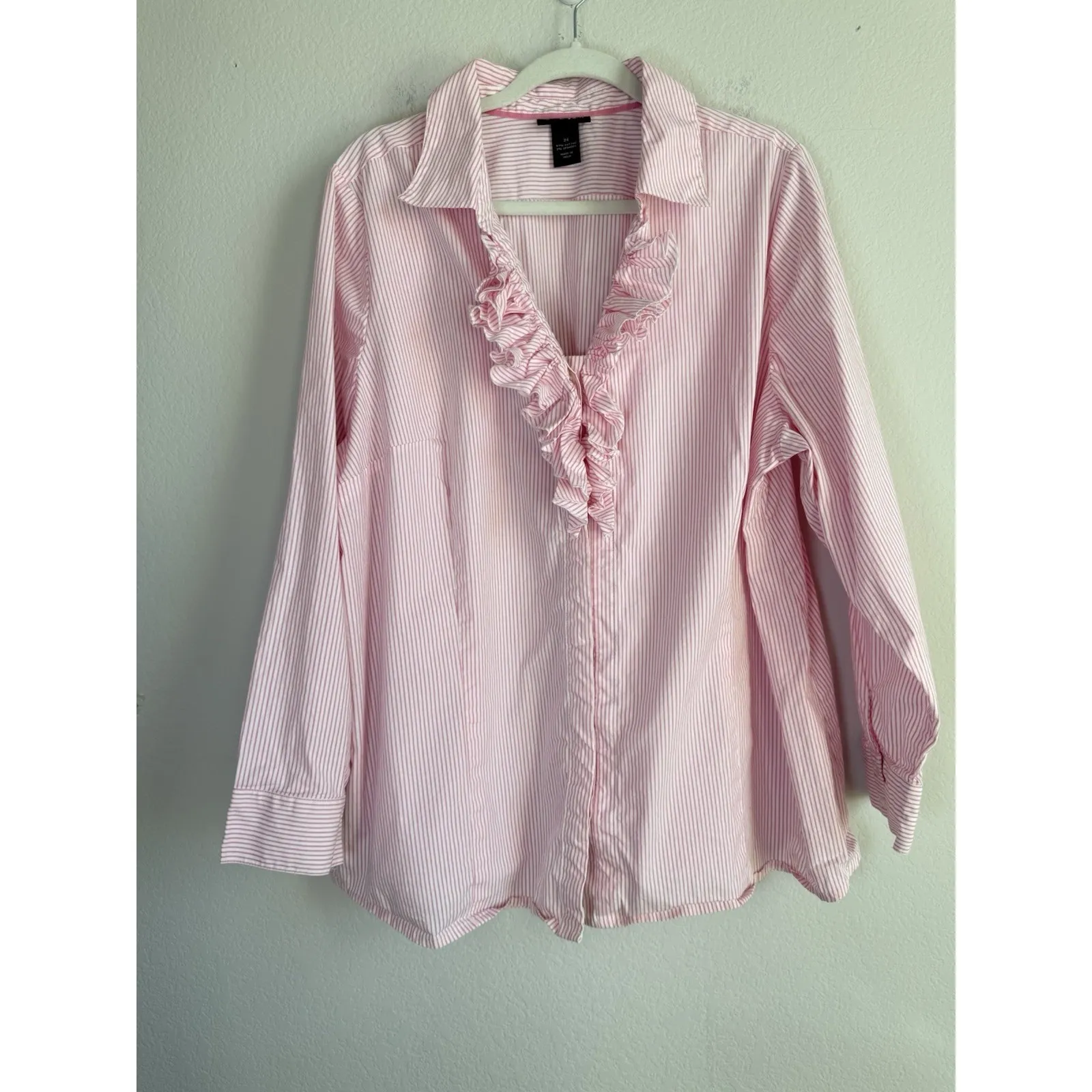 Lane Bryant Shirt Womens 24 Pink White Striped Ruffle Front Button Up Blouse Top - Image 8