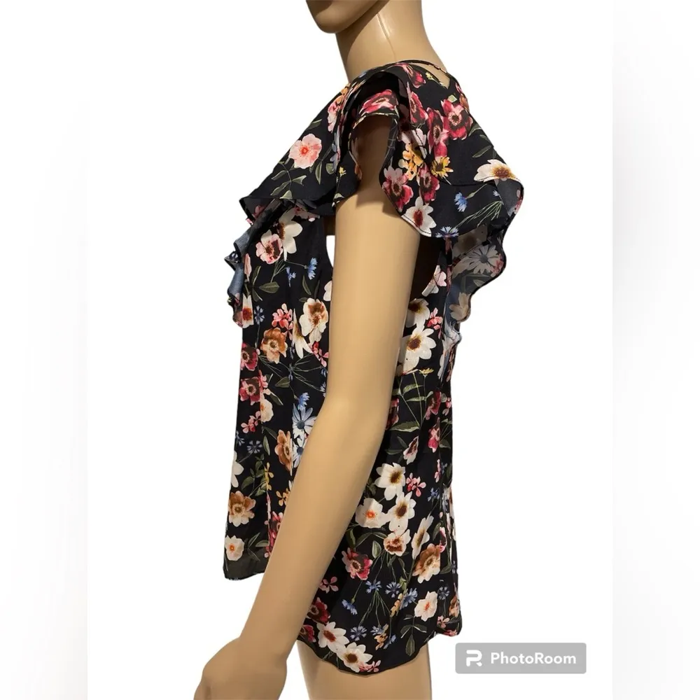 PARKER Womens Cold-shoulder Sleeves Ruffle Navy floral blouse/top Keyhole Back - Image 3