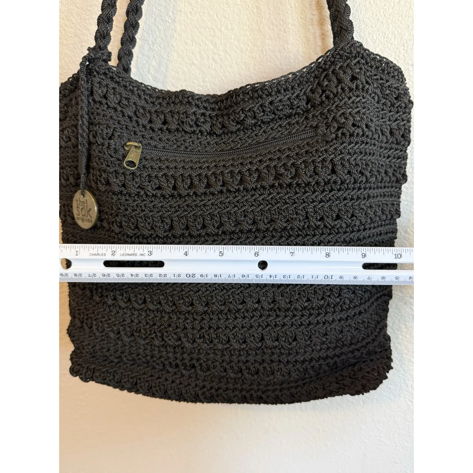 The Sak Black Crochet Woven Women's Shoulder Bag Purse Zip Closure Bag Charm - Image 7
