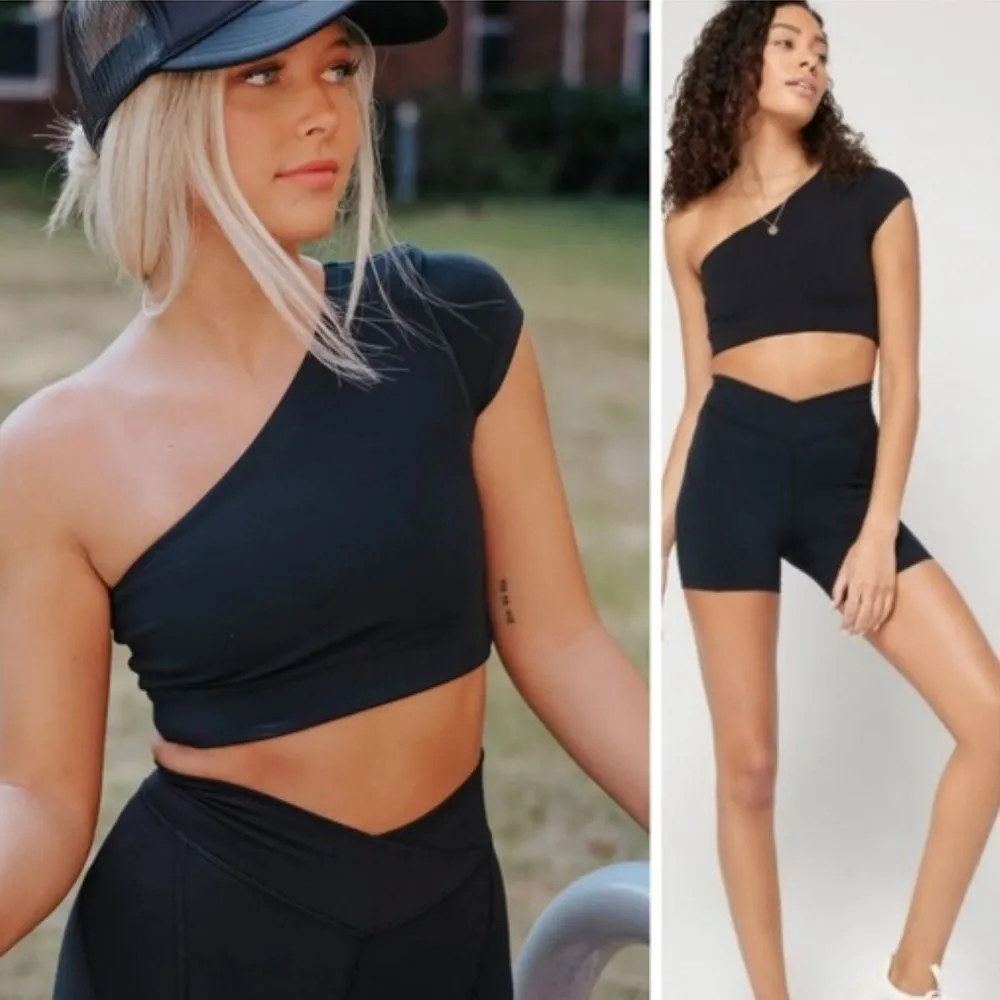 l*space L* Size L Genesse One Shoulder Crop Top Solid Black Basic‎ Yoga Athleisure - Image 2