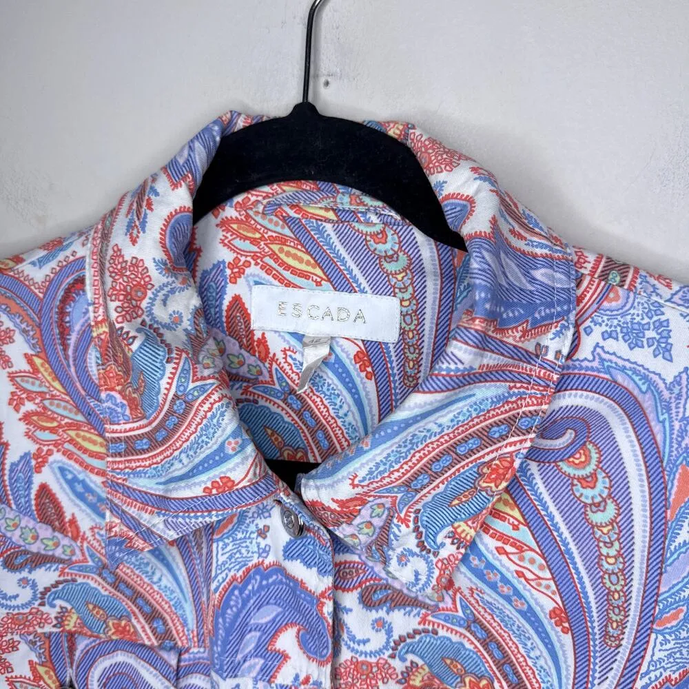 Escada Paisley Print Button Up Cotton Stretch Jacket Size 42 US 12/L Art to Wear Pink Size L - Image 4