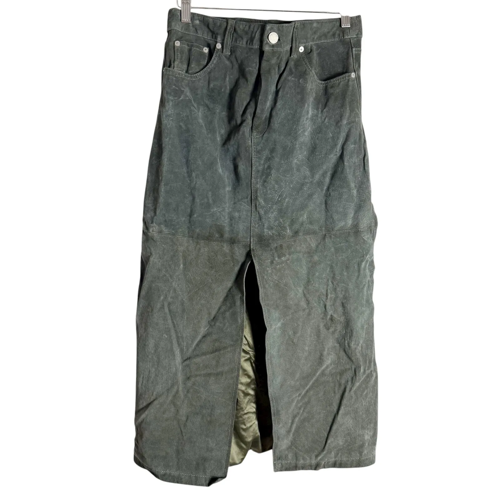 BlankNYC Hunter Green Retro Suede Leather Front Slit Pencil Midi Skirt Size 29 - Image 6