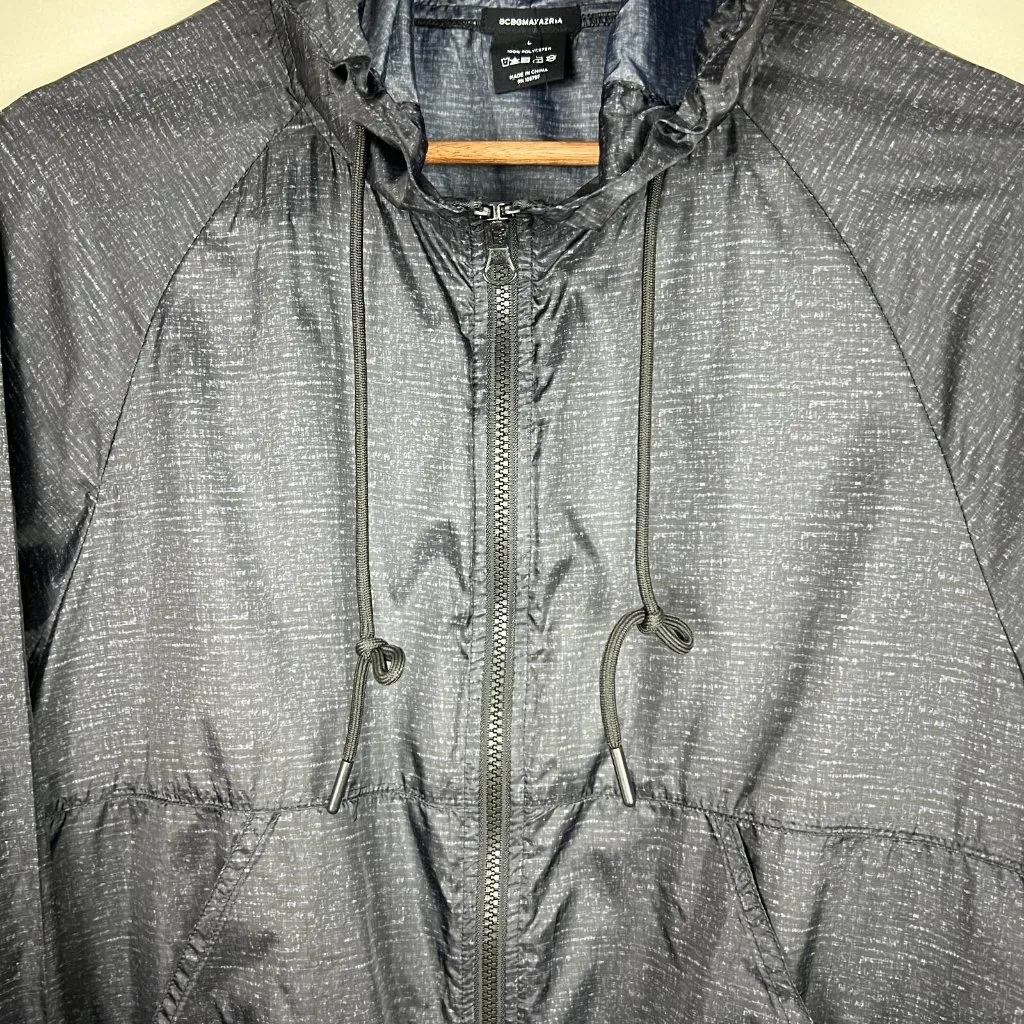 BCBG MAX AZRIA Windbreaker Hoodie Jacket‎ Womens Large Black Gray Lightweight L - Image 4