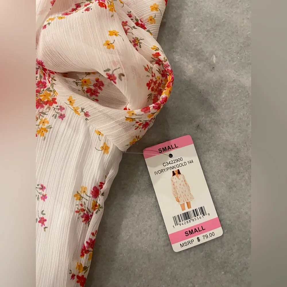 NWT Vince Camuto Size S White Floral Ruffle Flowy Long Sleeve Sheer Mini Dress - Image 12