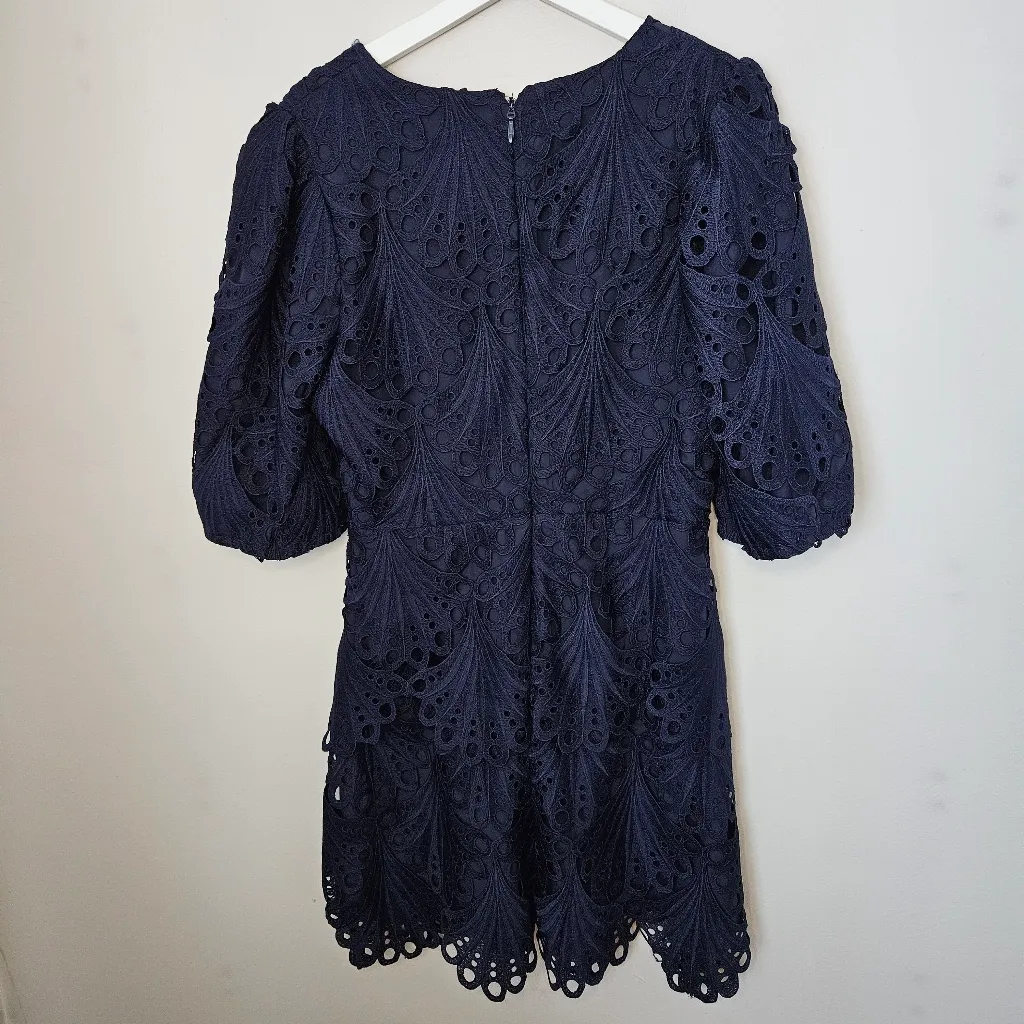 Adelyn Rae Harper Lace Mini Dress Cocktail Scallop Navy Blue Empire-waist V-neck - Image 5